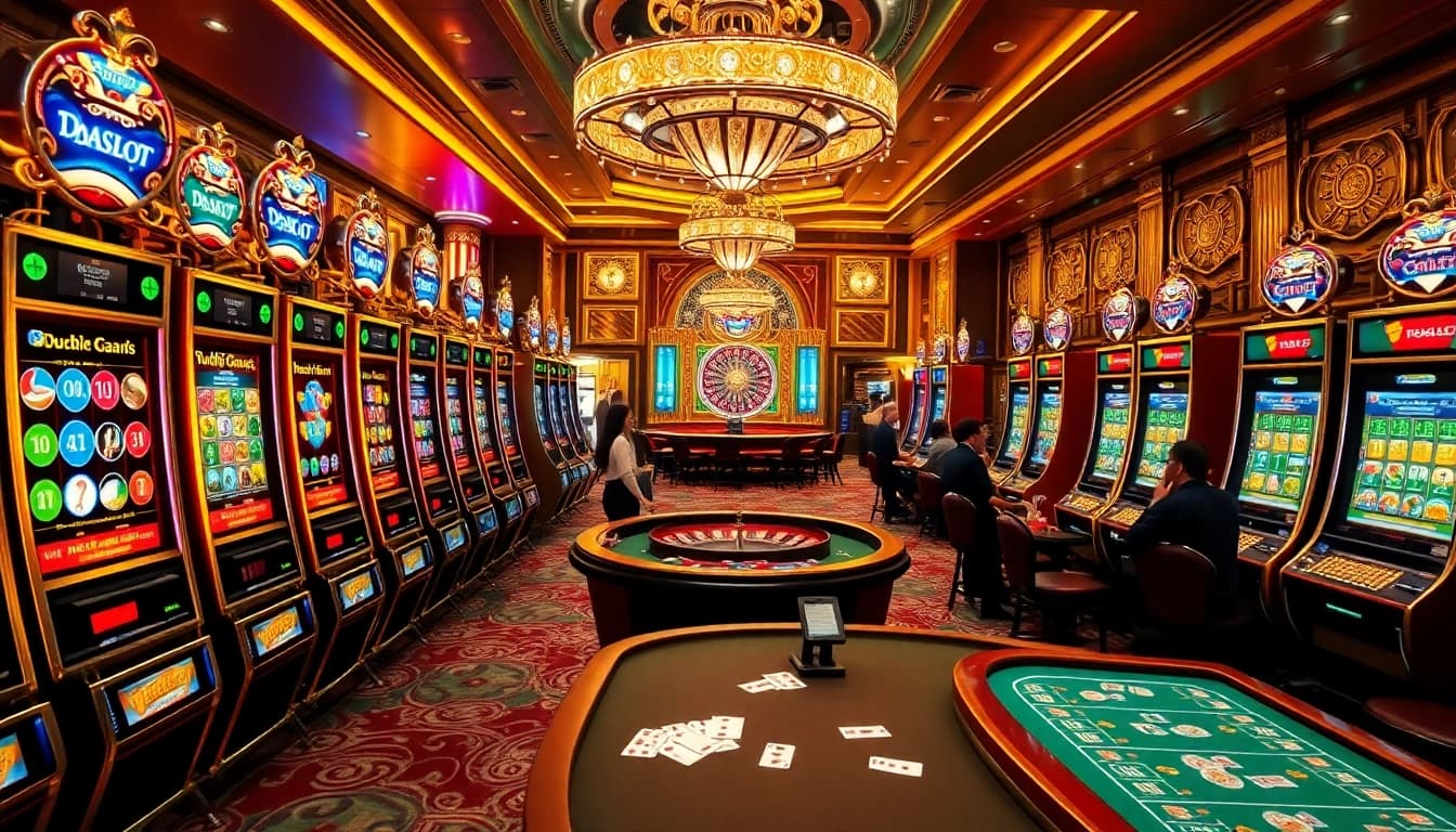 Engaged players enjoying the doaslot slot in a vibrant casino setting, surrounded by colorful slot machines.