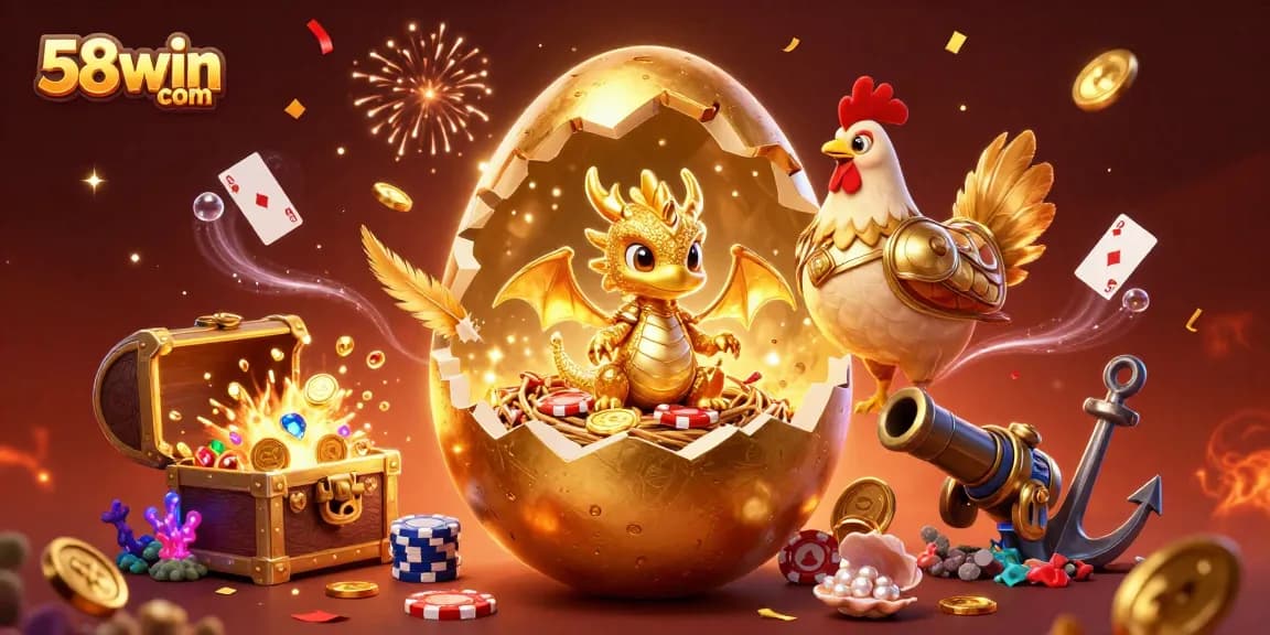 Engage with thrilling games at 58win com as a golden dragon emerges from a treasure nest.