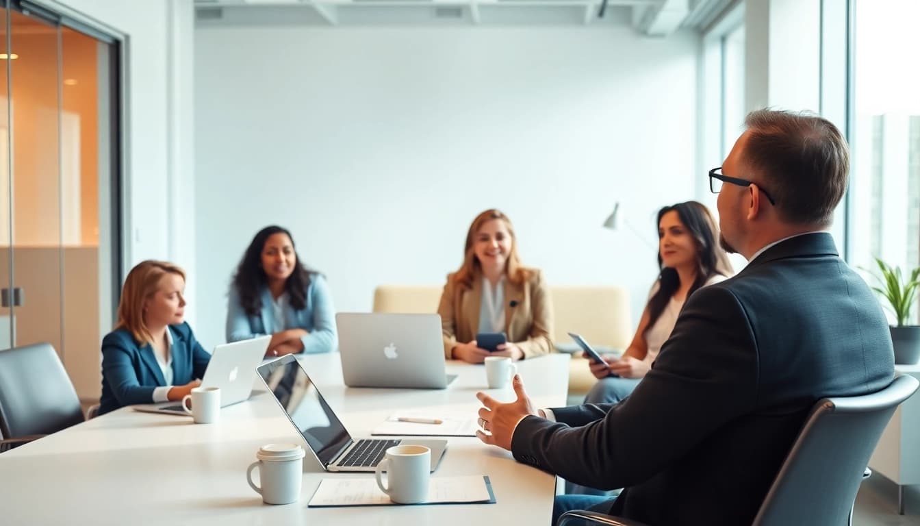Recruiter interviewing candidates in a bright office showcasing a collaborative atmosphere.