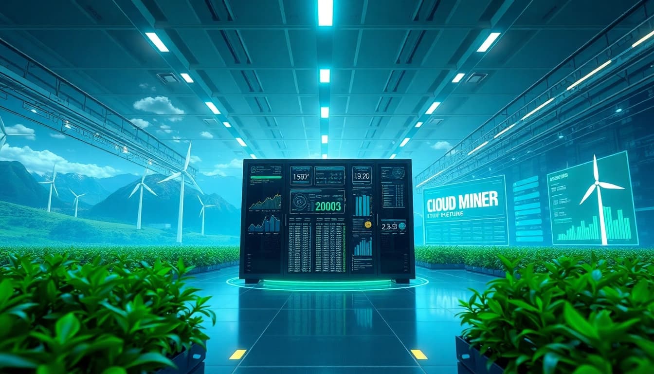 Cloud mining technology showcased in a modern facility using renewable energy sources like solar and wind.