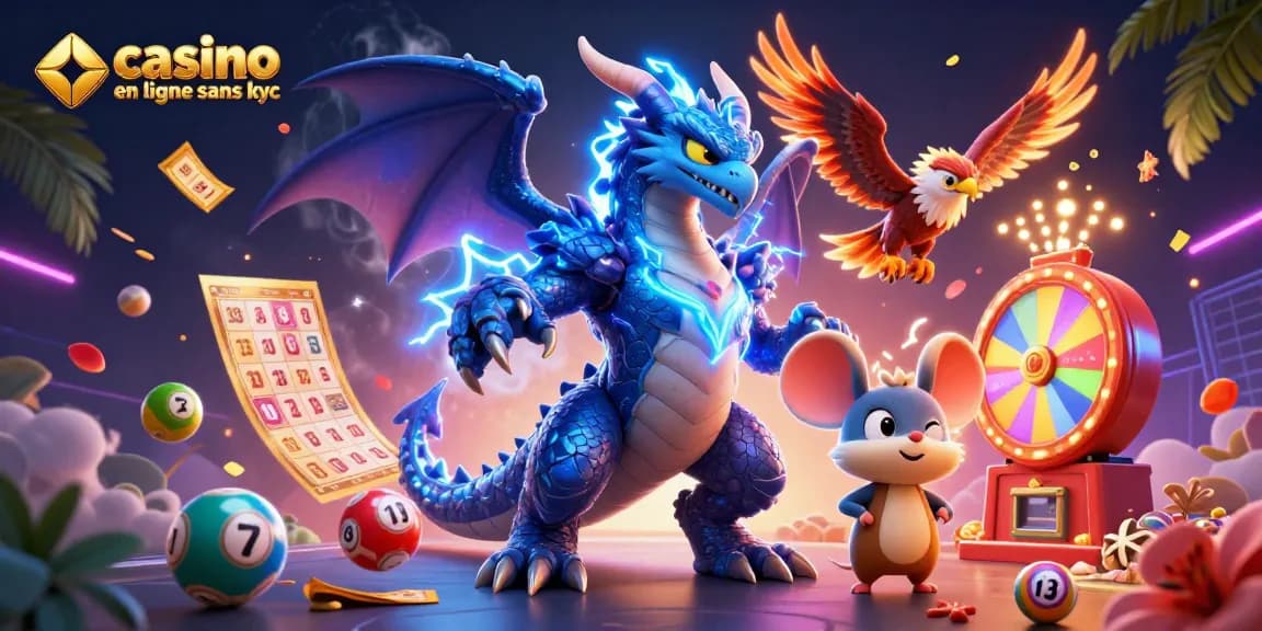 Jouez au casino en ligne sans kyc avec une illustration de dragon et de loteries colorées.