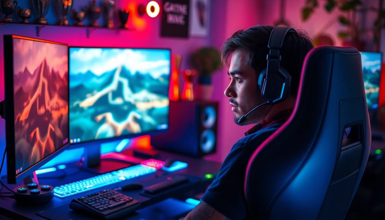 Engaging gamer immersed in the world of MM88 with a vibrant gaming setup.