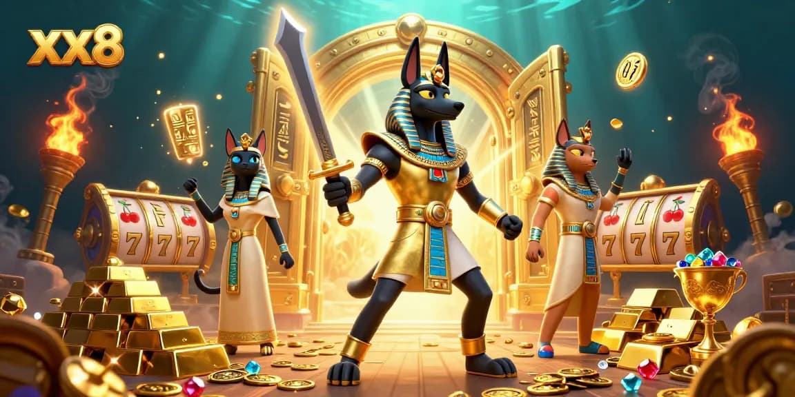 Engage with xx8's thrilling casino experience featuring Anubis and Bastet amidst treasures.