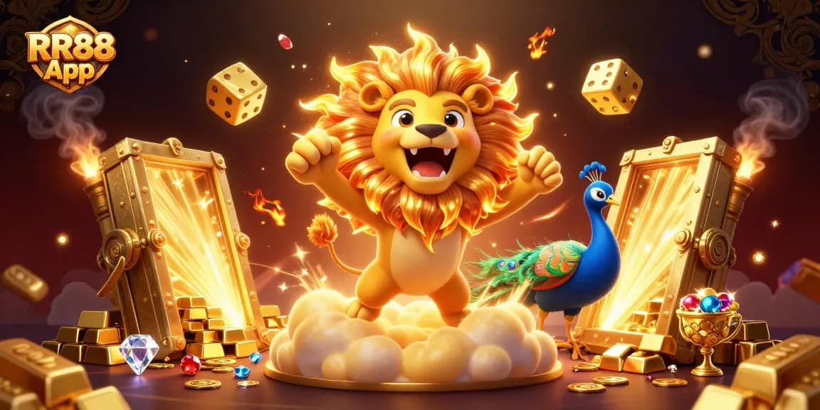 Experience excitement with RR88 App as a roaring 3D sun lion triumphs amidst a flurry of golden casino treasures.