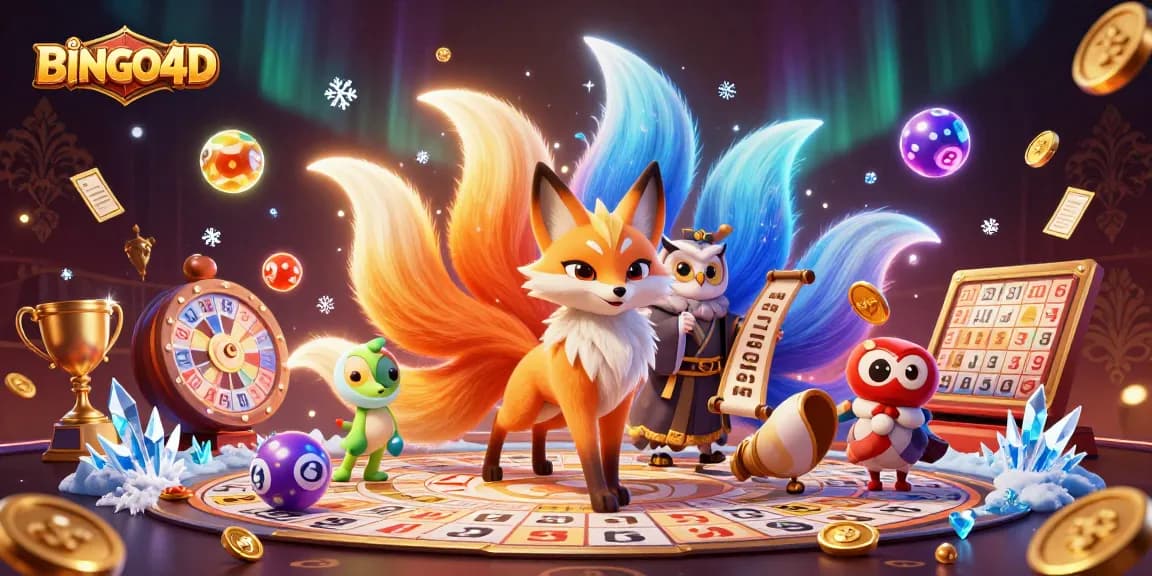 BINGO4D menampilkan suasana permainan bingo yang penuh warna dengan kartu dan bola bernomor.
