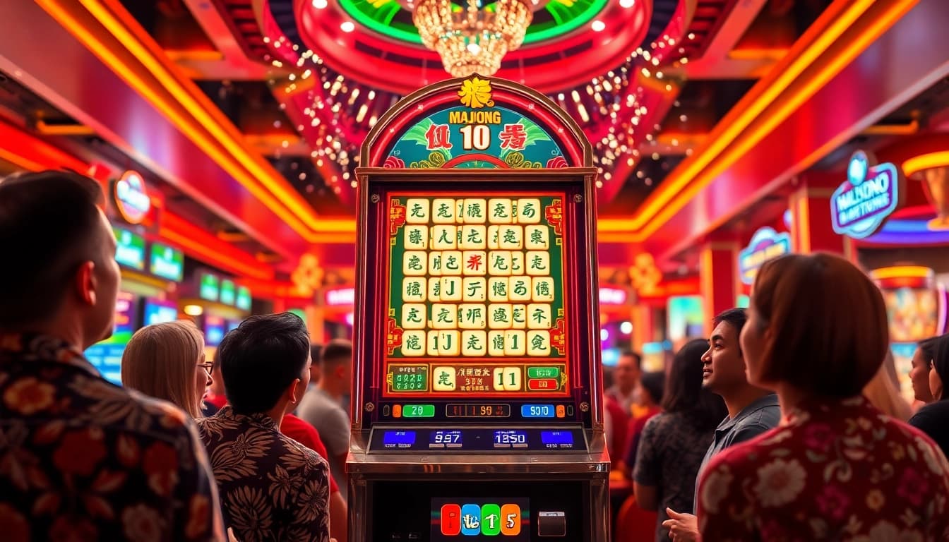 Jelajahi mahjong slot mesin dengan latar belakang kasino yang ceria dan pemain bersemangat.