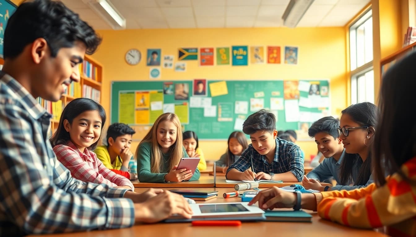 Engaged students utilizing resources in an Education-focused classroom.