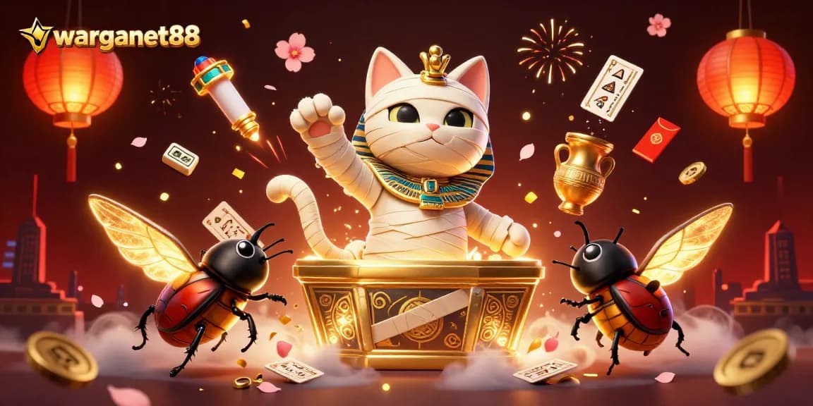 Experience riveting action at warganet88 with a vibrant casino scene featuring a mummy cat and golden treasures.