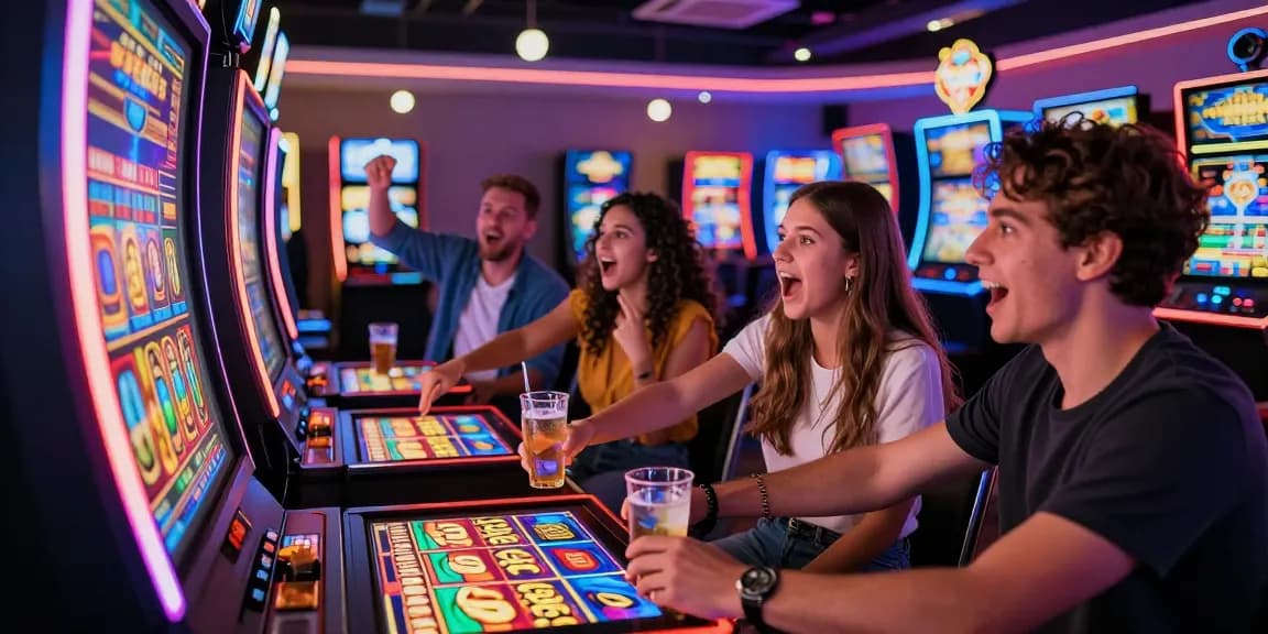 Excited players around a vibrant slot machine enjoying the thrill of a slot bonus in a lively casino.