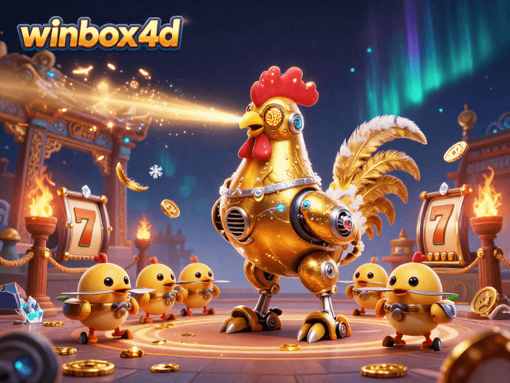 Watch the exciting winbox 4d showdown as a golden rooster robot and baby chick drones battle in a vibrant casino scene.