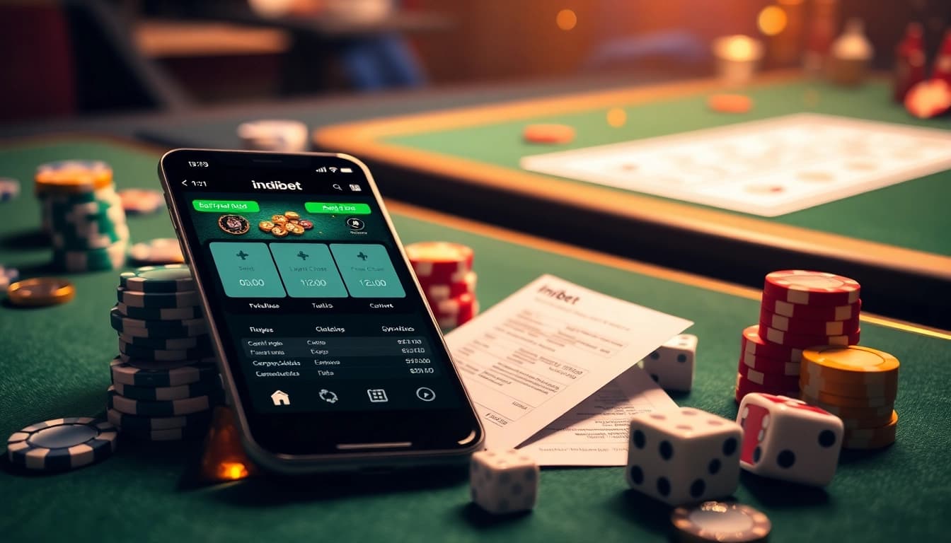 Engaging scene showcasing the indibet betting app on a smartphone among poker chips and dice.