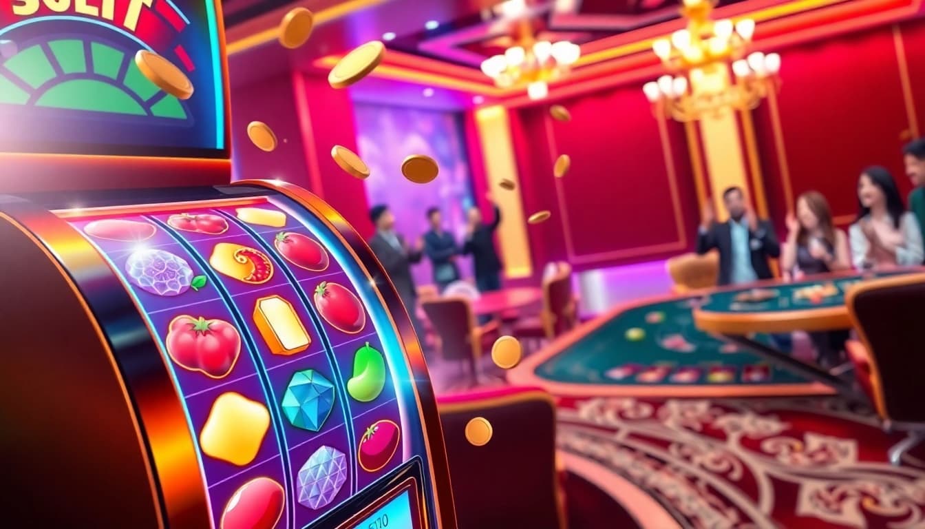 Permainan slot bet 50 perak dengan mesin slot berwarna cerah dan suasana kasino yang meriah.