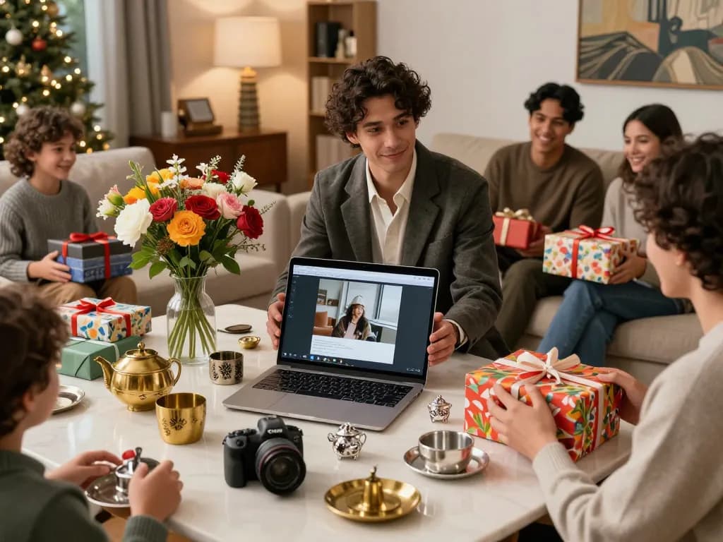 Stylish individual surrounded by return gifts online in a festive living room, capturing the joy of gifting.