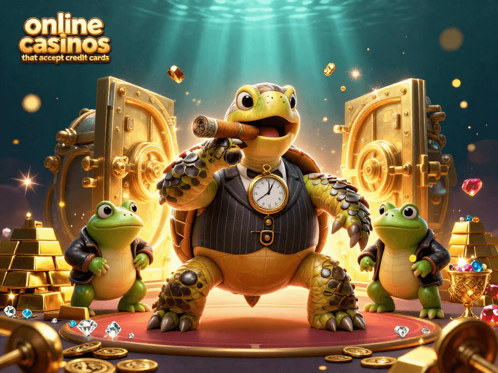 Engage with online casinos that accept credit cards featuring vibrant characters and casino elements.