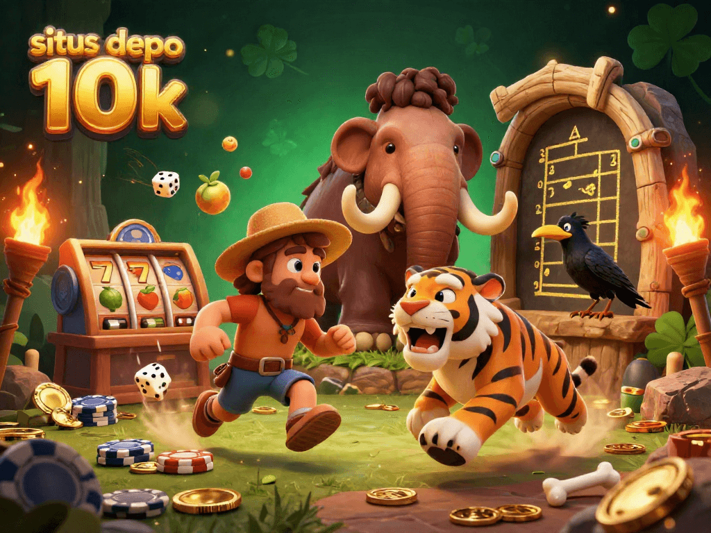 Situs depo 10k showcases a vibrant prehistoric casino scene filled with dynamic slot elements, characters, and golden accents.