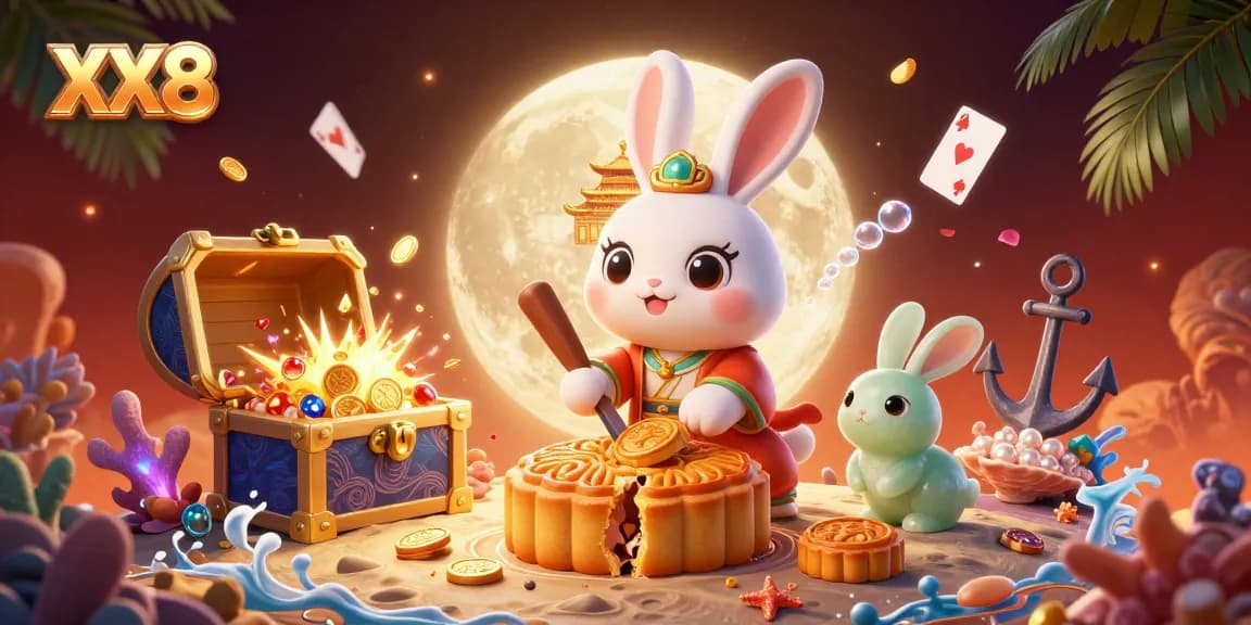Play poker like a pro at XX8 with a vibrant casino-themed lunar landscape showing a rabbit and treasures.
