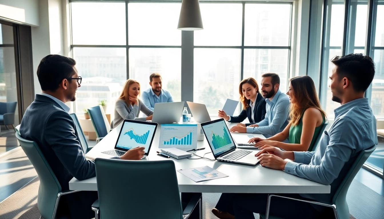 Engaged team analyzing competitive intelligence data in a modern office setting.