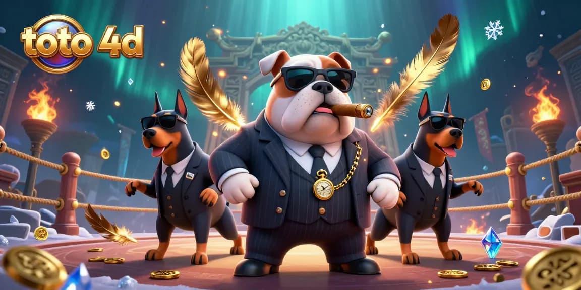 Experience the thrill of toto 4d with a triumphant bulldog and its bodyguards in a vibrant gambling arena.