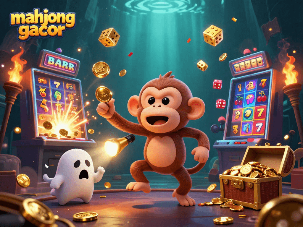 Engaging mahjong gacor scene with a playful poltergeist monkey and a curious puppy in a haunted casino.