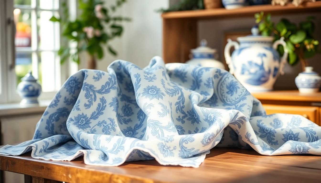 Delftsblauwe stoffen collectie displayed elegantly in a cozy setting.