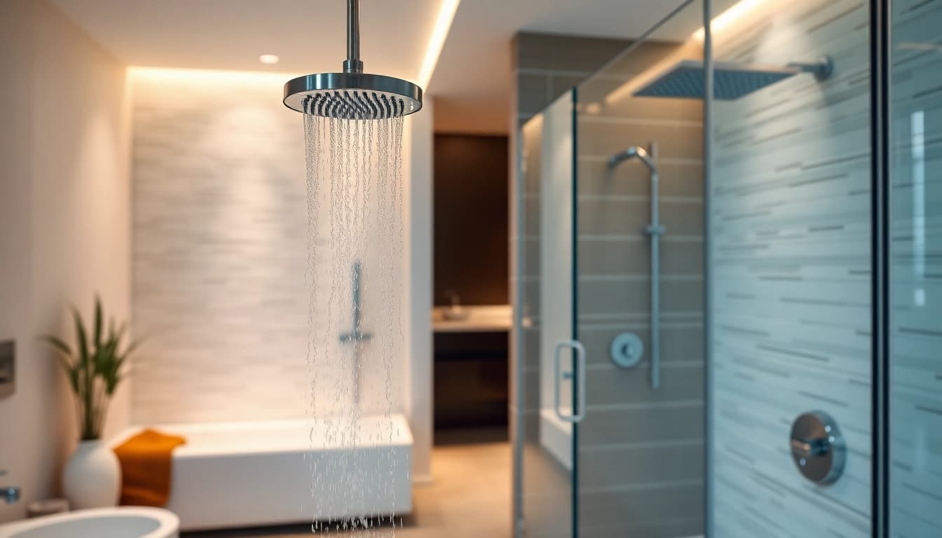 Experience elegant showers in a sleek modern bathroom with refined design features.