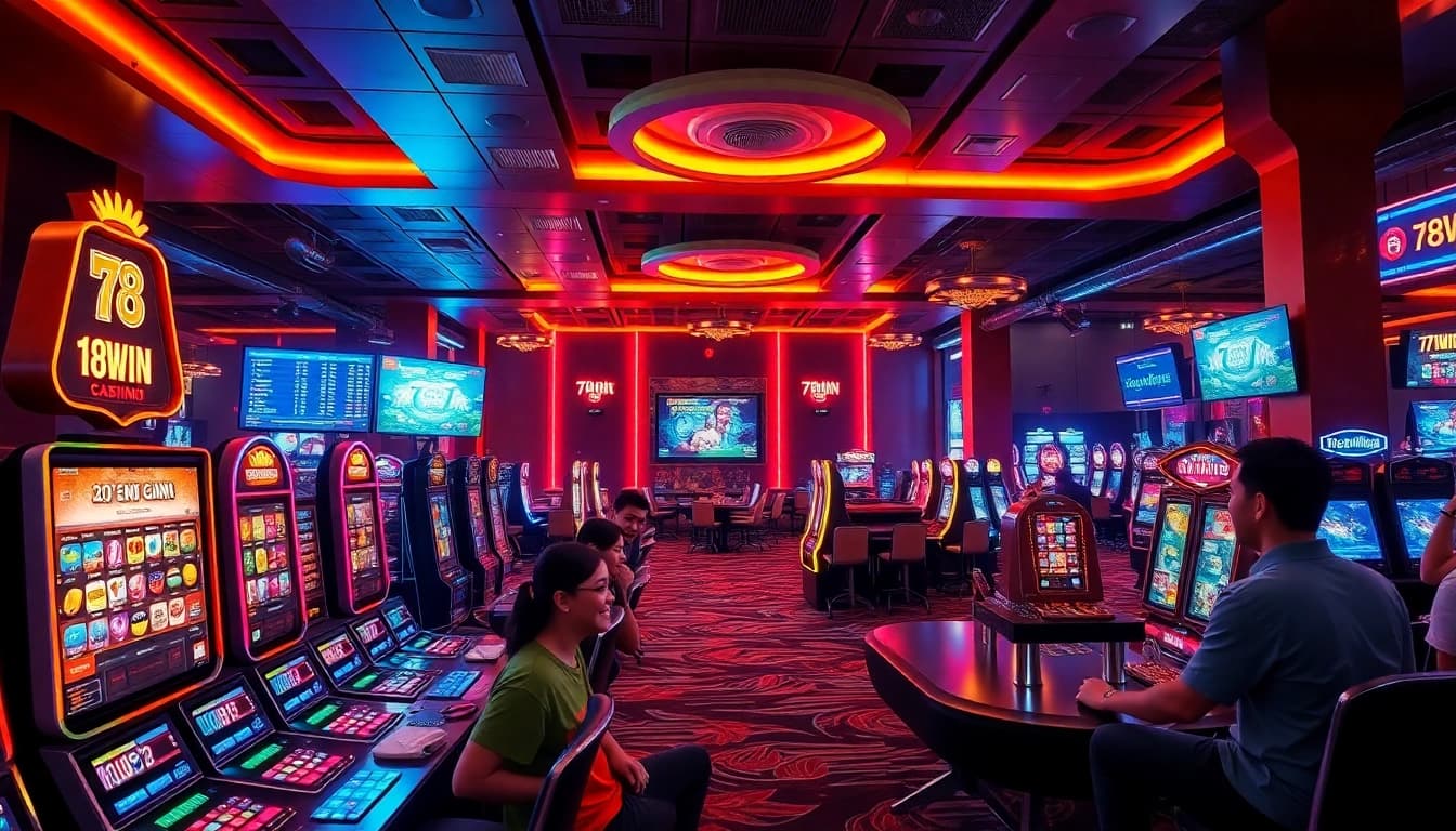 Exciting online casino scene at 78WIN showing players engaged in games with the 'ลิงก์ 78WIN' highlighted.