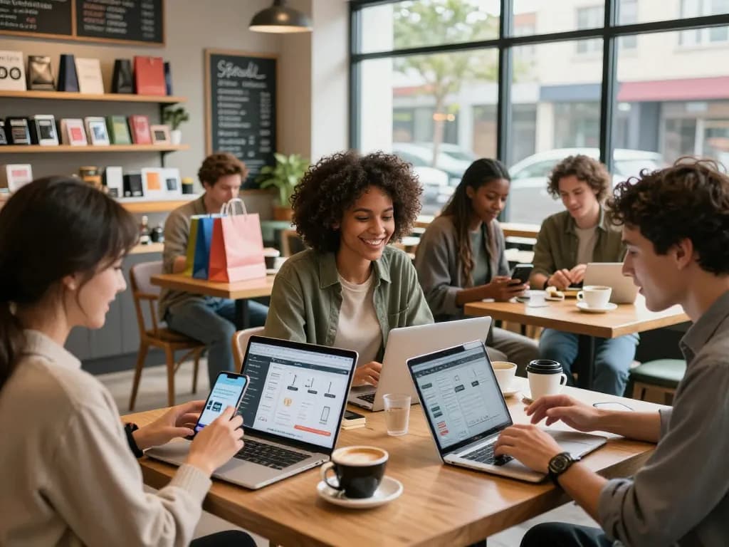 People exploring sales on https://hubet88.icu/ while enjoying coffee in a modern café.