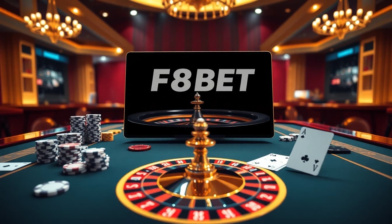 Experience high-stakes action with F8BET as poker chips and cards create an enticing casino atmosphere.