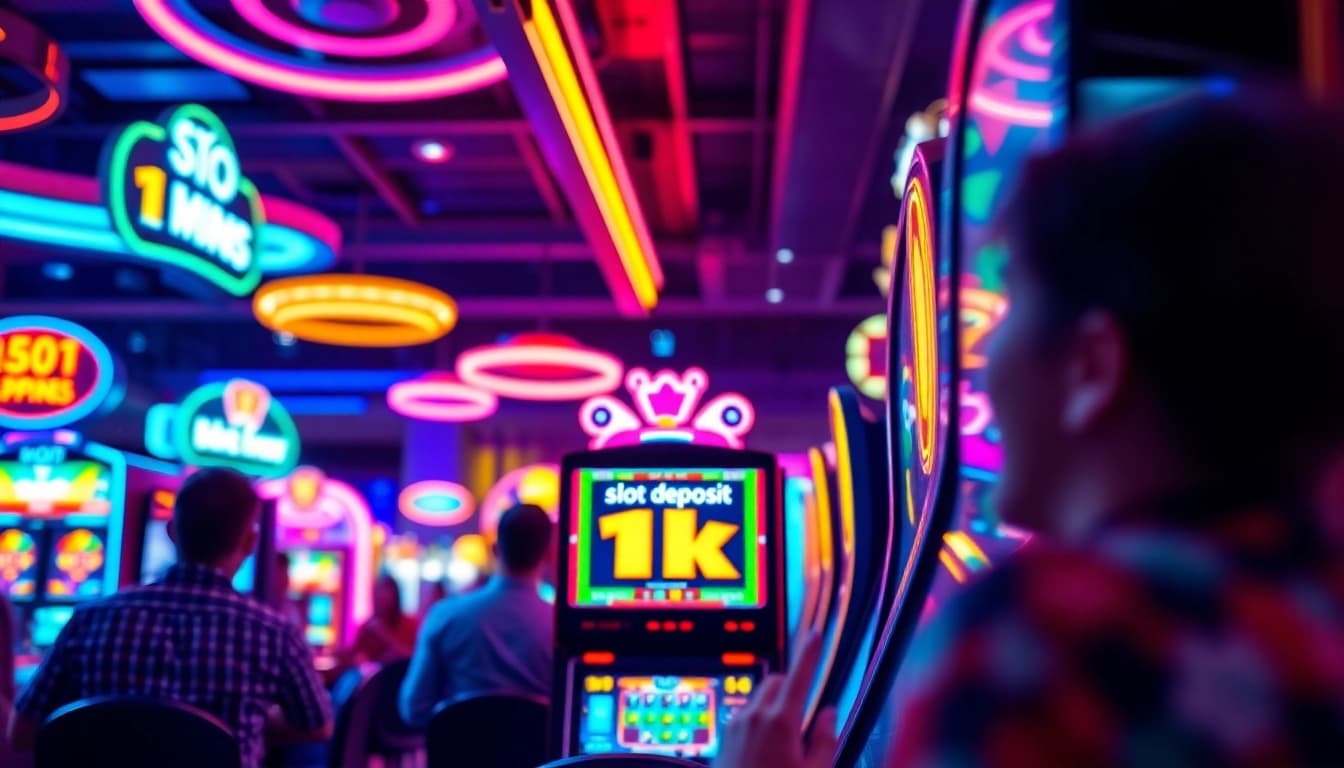 Memenangkan jackpot dalam permainan slot deposit 1k dengan suasana kasino yang meriah dan cerah