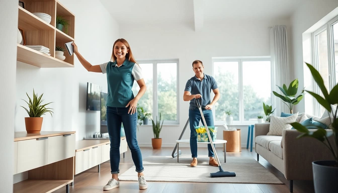 Cleaning Service team actively working in a bright home, showcasing professional cleaning expertise.