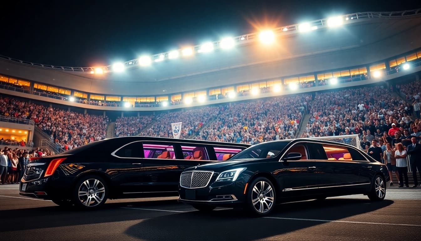 World Cup Group Transportation in a luxury limousine outside a bustling stadium, capturing a vibrant and exciting atmosphere.