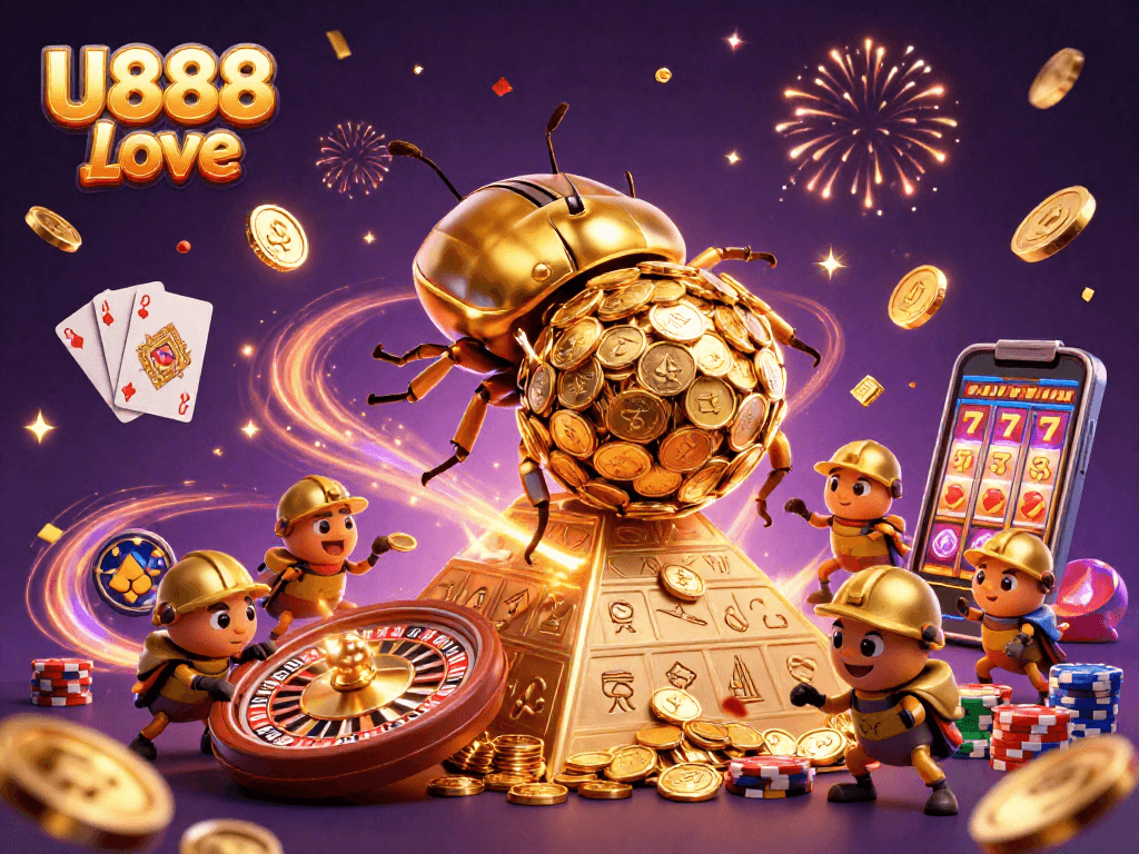 Experience U888 Love as golden beetles roll coins with vibrant casino symbols amidst a dazzling scene.