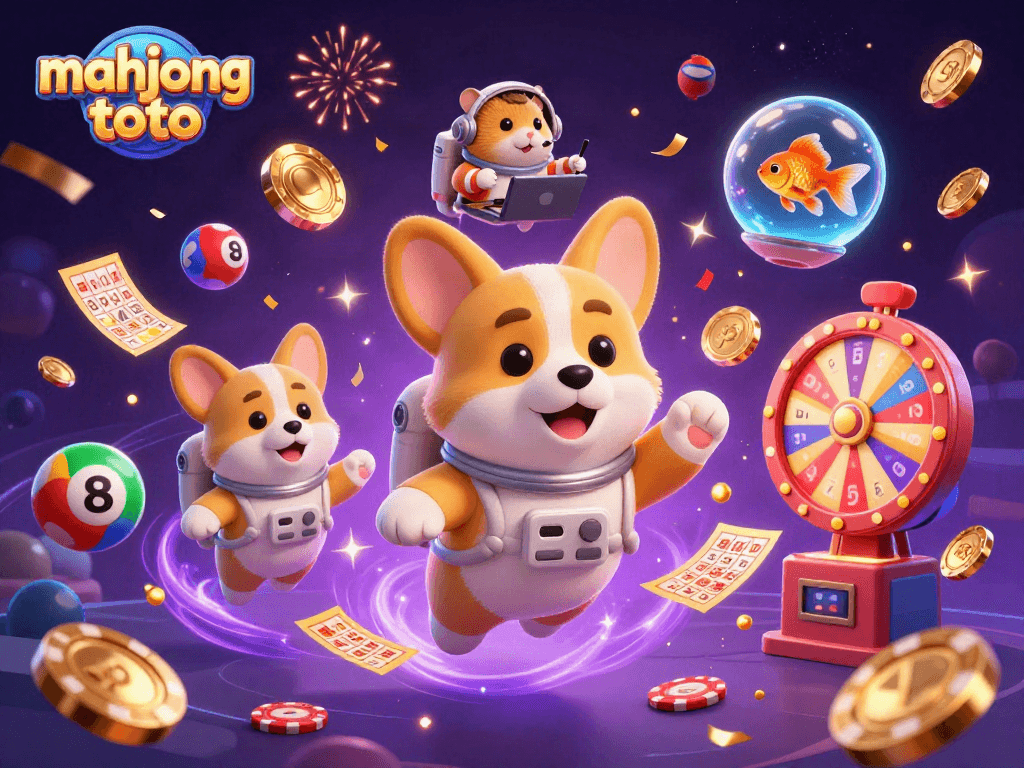 Engage in thrilling Mahjong Toto action with a playful 3D cartoon astronaut corgi in a vibrant casino scene.