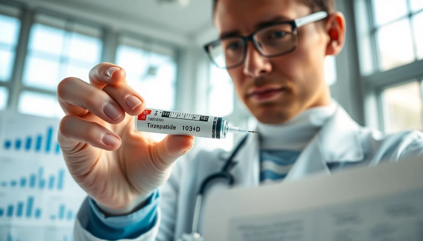 Healthcare professional analyzing Tirzepatide syringe in a bright office environment.