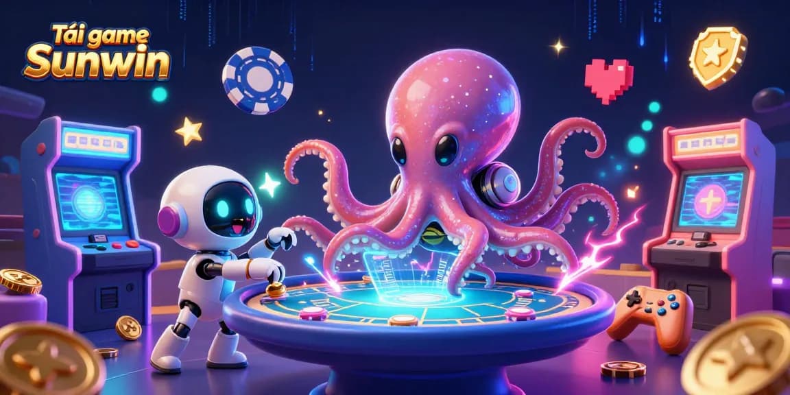 Tải game Sunwin and immerse yourself in a vibrant casino experience with an alien octopus and arcade elements.