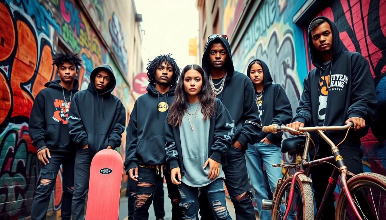 Stylish edgy streetwear fashion on diverse individuals in an urban setting.