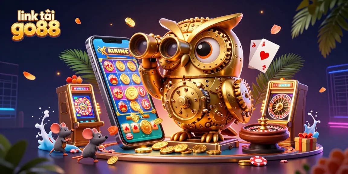 Engage with the link tải go88 in this vibrant casino scene featuring a golden owl and slot machines.