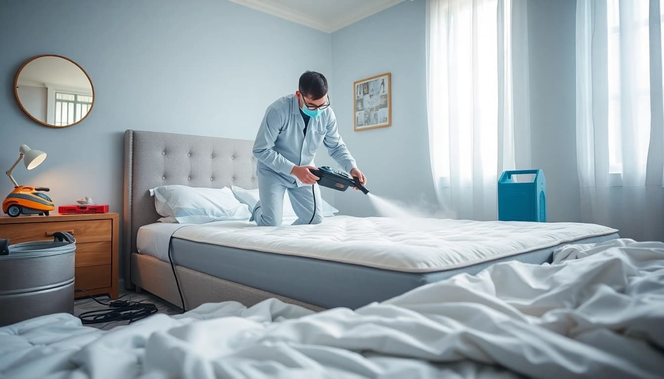 Effective bed bug treatment being applied by a pest control expert in a clean bedroom.