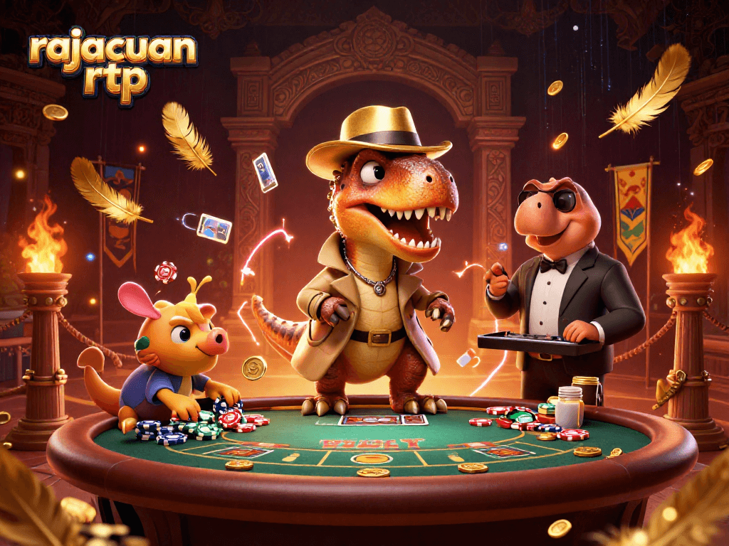 Permainan rajacuan rtp ditampilkan dengan karakter kartun dino di meja blackjack yang penuh aksi.
