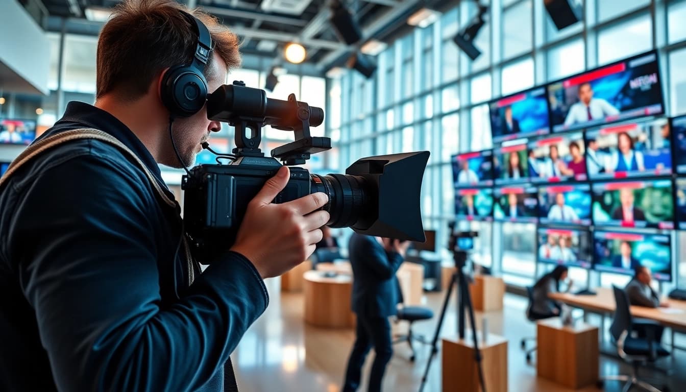 Capture daily news updates in a vibrant newsroom filled with screens and professional journalists.