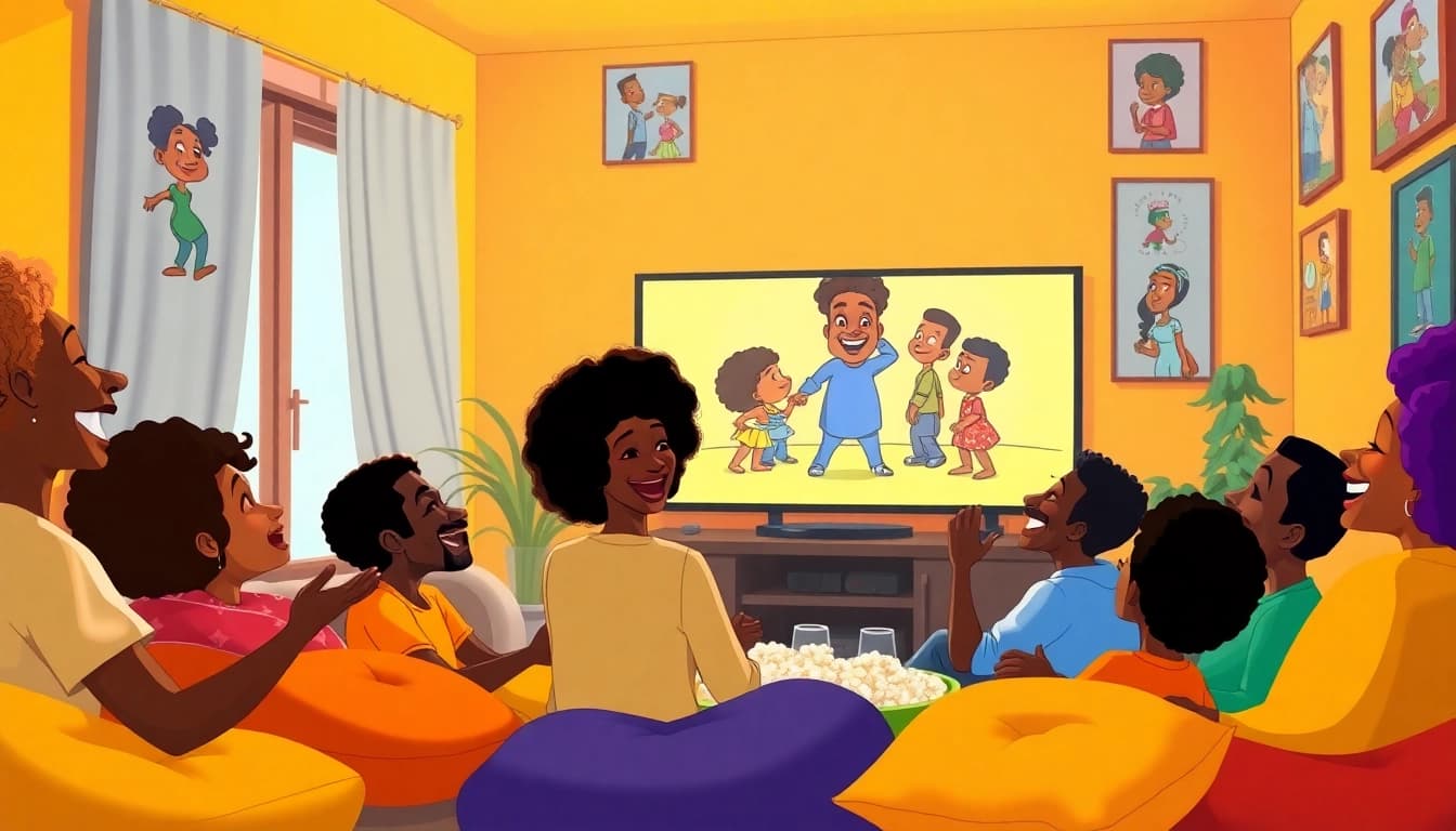 A vibrant scene showcasing African American Cartoons characters enjoying a cartoon viewing party with joy and camaraderie.
