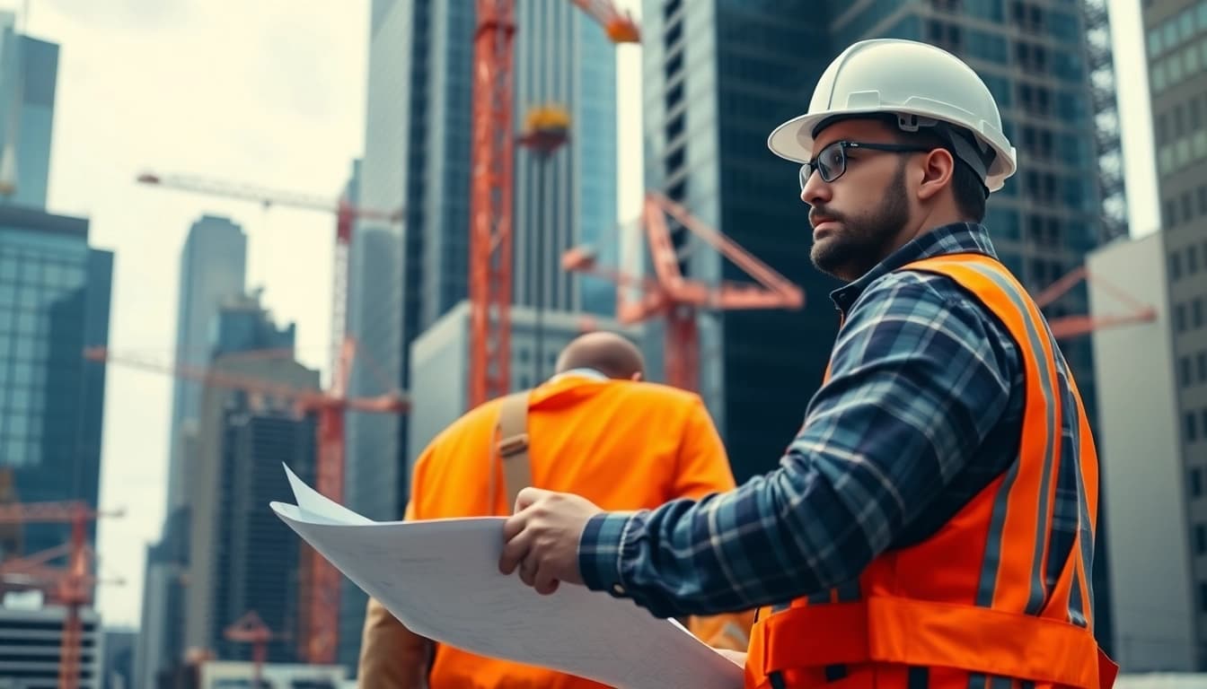Manhattan Commercial General Contractor inspecting construction plans at a busy Manhattan site.