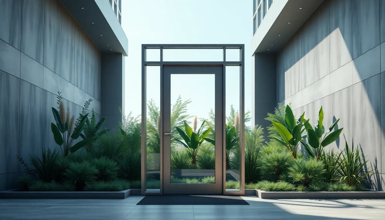 Open exit door showcasing stylish design, inviting natural light into a modern space.