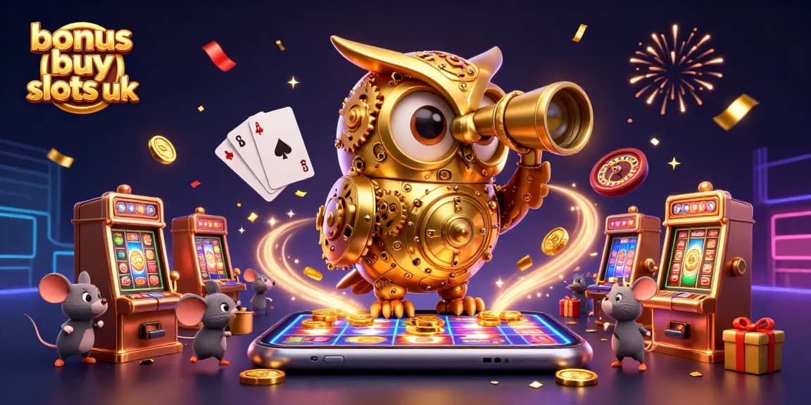 Discover the excitement of bonus buy slots uk with captivating golden owl and whimsical mice in action.