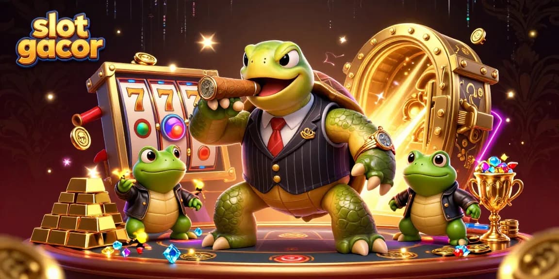 Experience the thrill of slot gacor with this vibrant casino scene featuring a snapping turtle and bullfrogs.