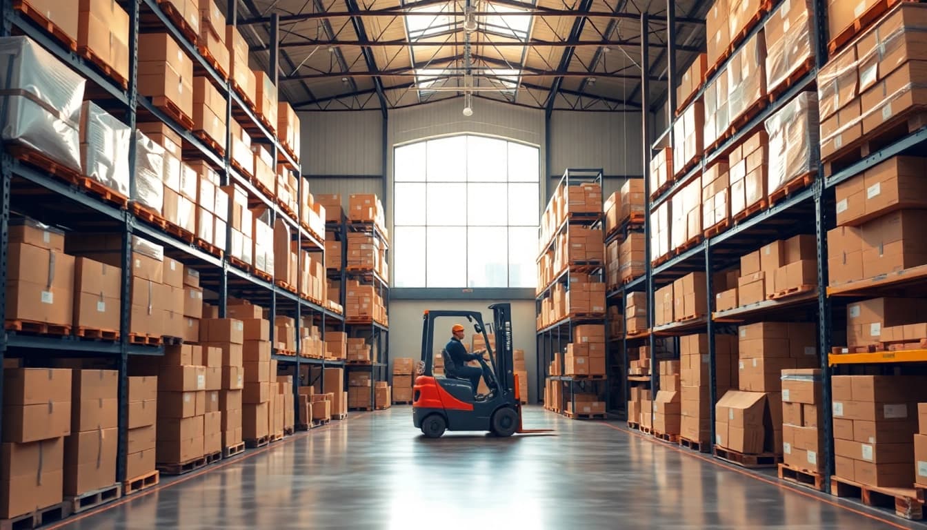 Explore a bustling warehouse filled with organized shelves and goods in bright light.