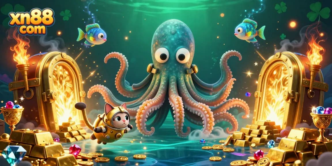 Experience epic wins at xn88 com with a thrilling 3D kraken and diving cat illustration capturing gold treasures.