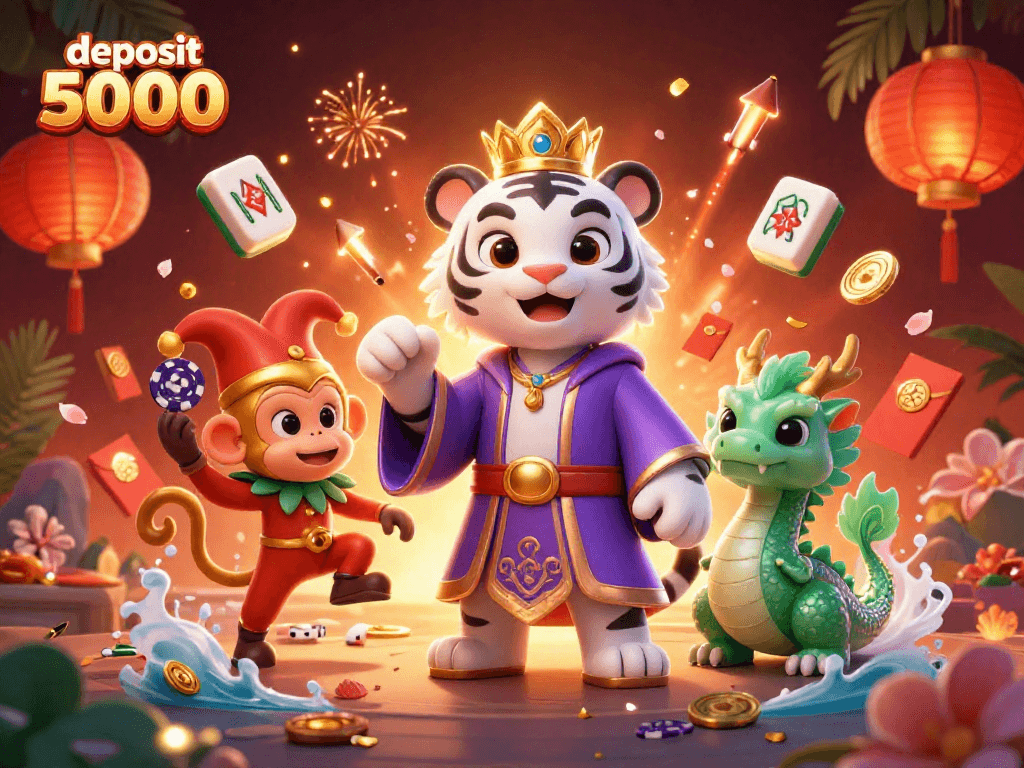 Experience excitement with deposit 5000 in a lively casino-themed illustration featuring vibrant characters and elements.