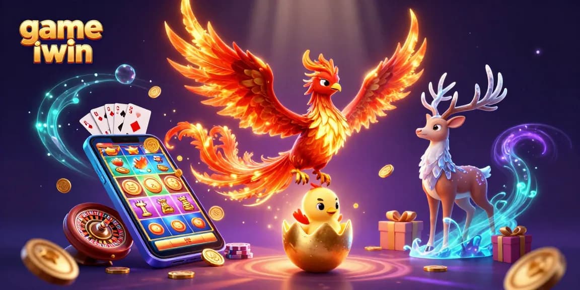 Play game iwin with a vibrant 3D illustration showcasing a phoenix and casino elements.