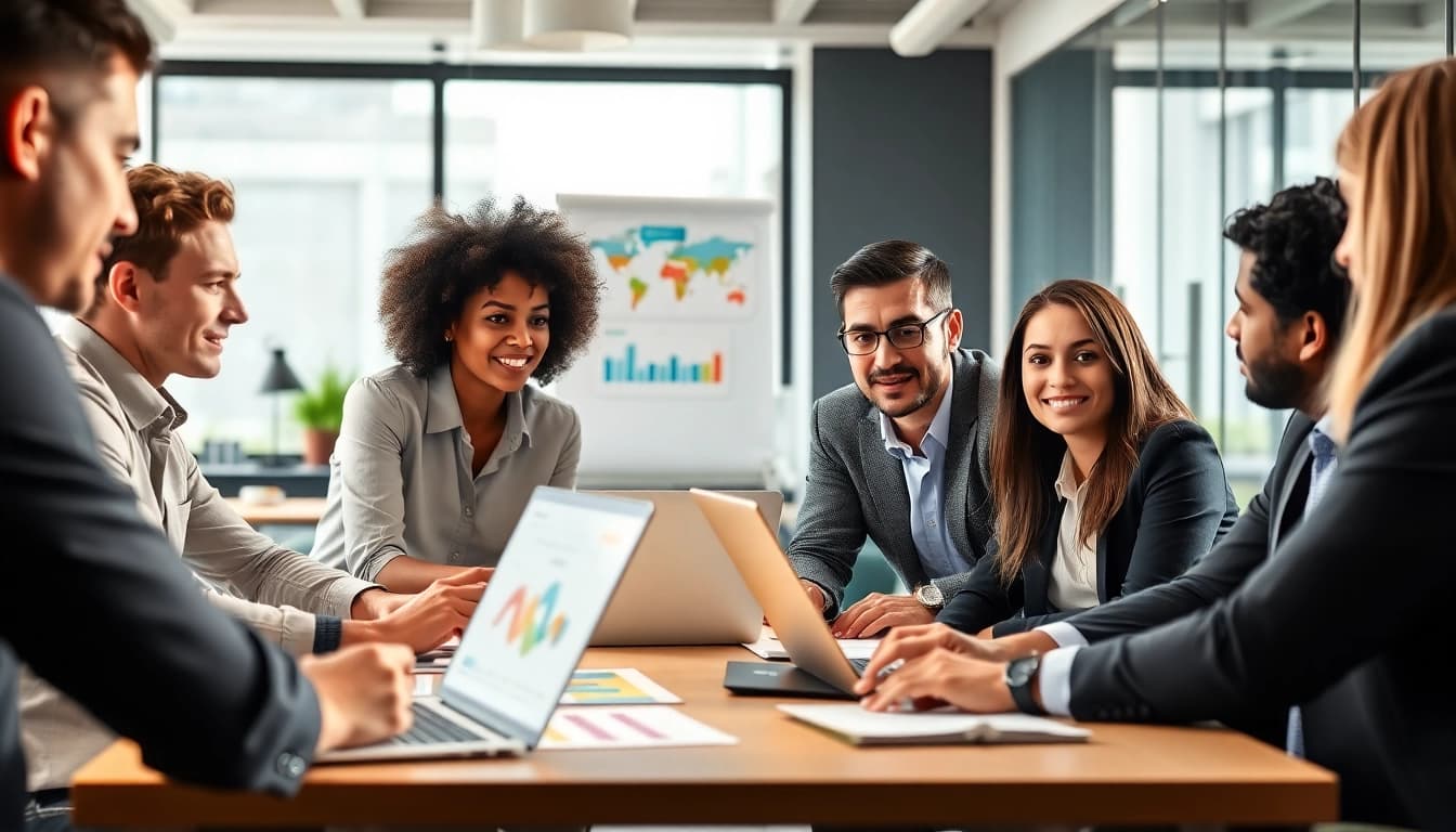 Engaging discussion among certification help providers in a modern office setting.